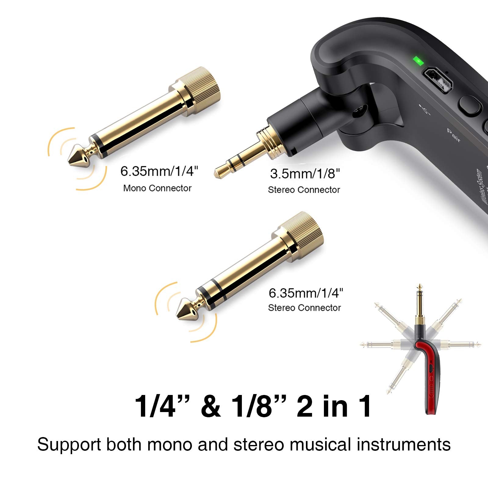 Lekato Wireless Guitar System 2.4Ghz Rechargeable Audio Wireless Transmitter Receiver 6 Channels For Guitar Bass Electric Instru