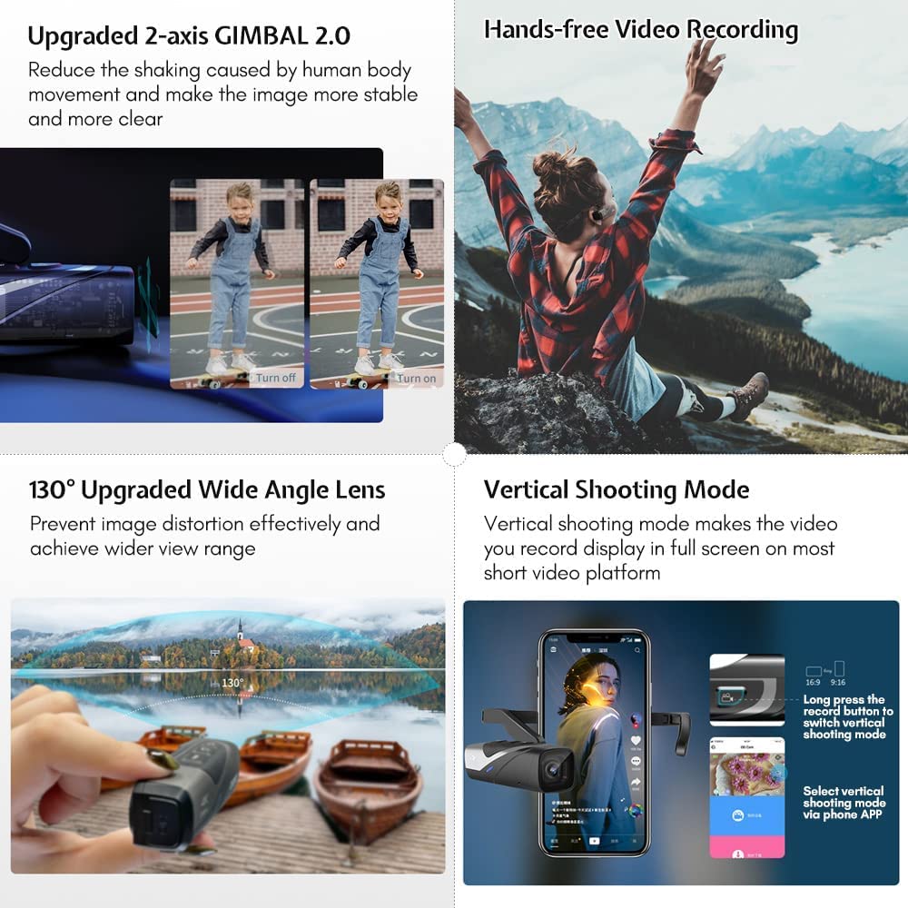 Ordro Ep8 4K Camcorder, Head-Mounted Video Camera For Vlog With 2-Axis Gimbal Stabilizer, 60Fps Vlog Hands Free Wearable Camera,