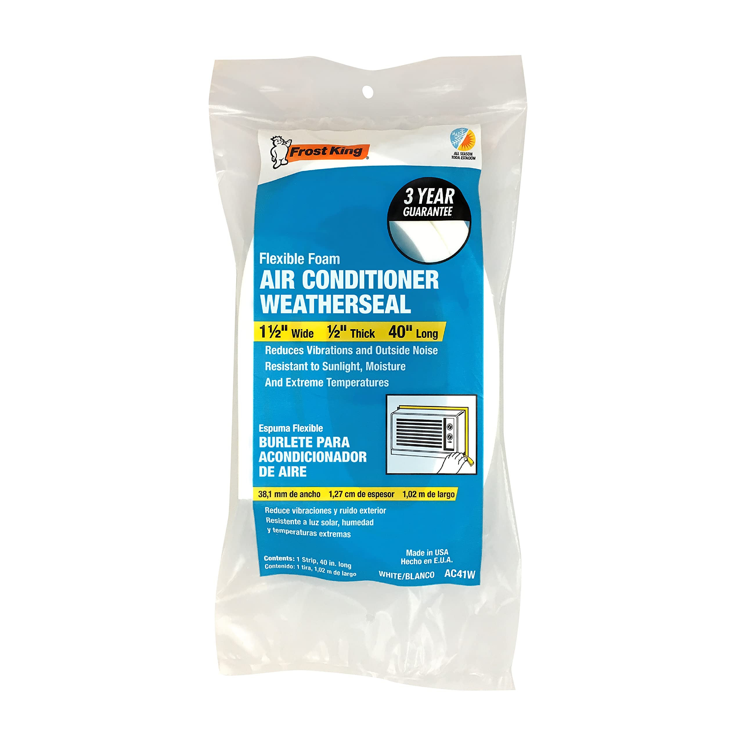 Frost King Ac41Wa Ac Foam Weather Seal, Heavy Duty 1 1/2'' W, 1/2'' T, 40'' L, White