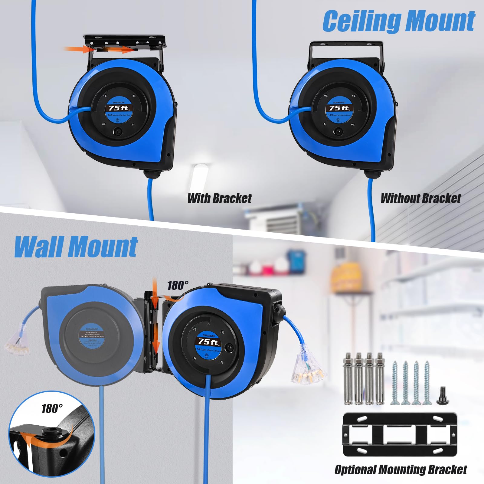 Suraielec Retractable Extension Cord Reel, 75 Ft 14 Awg/3C Sjtow Power Cord, 3 Outlets Triple Tap, 10 Amp Circuit Breaker, Ceili