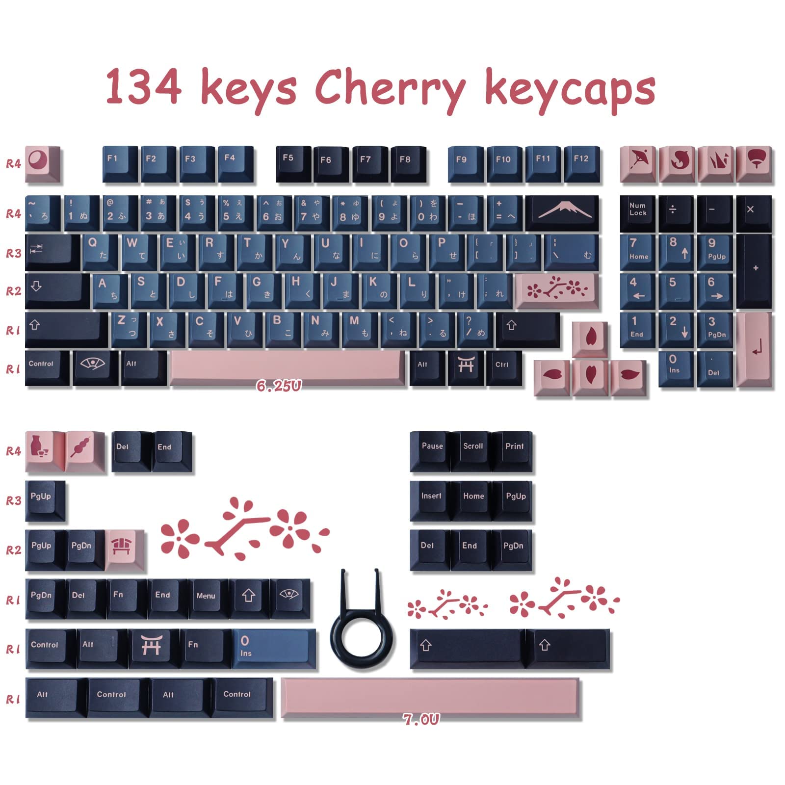 Tsungup Japanese Keycaps, 134 Keys Cherry Profile Nightsakura Keycaps Dye Sublimation Pbt Keycaps With 6.25U 7U Spacebar For Che