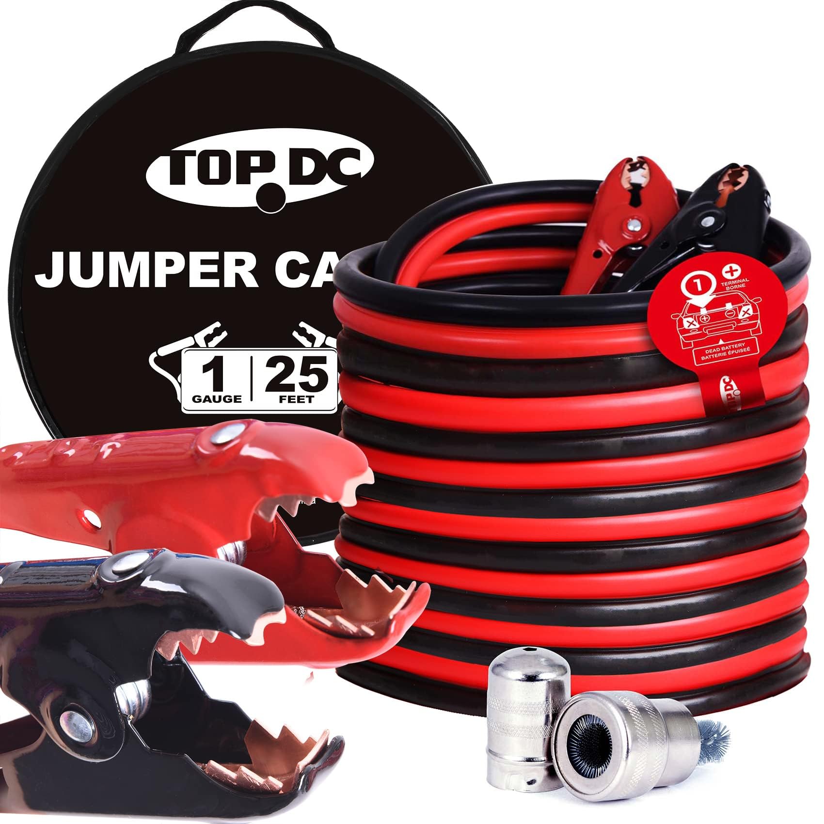 TOPDC 1 Gauge 25 Feet Jumper Cables for Car, SUV and Trucks Battery, Heavy Duty Automotive Booster Cables for Jump Starting Dead