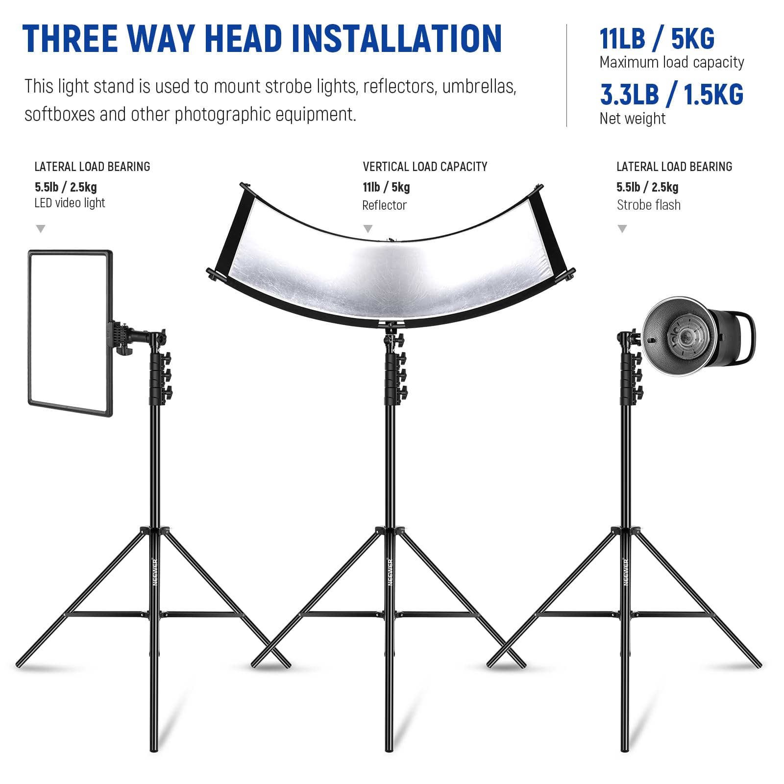 Neewer 9.8Ft/3M Air Cushioned Light Stand, Heavy Duty Metal Photography Tripod Stand With 1/4'' To 3/8'' Reversible Spigot, 3 Wa
