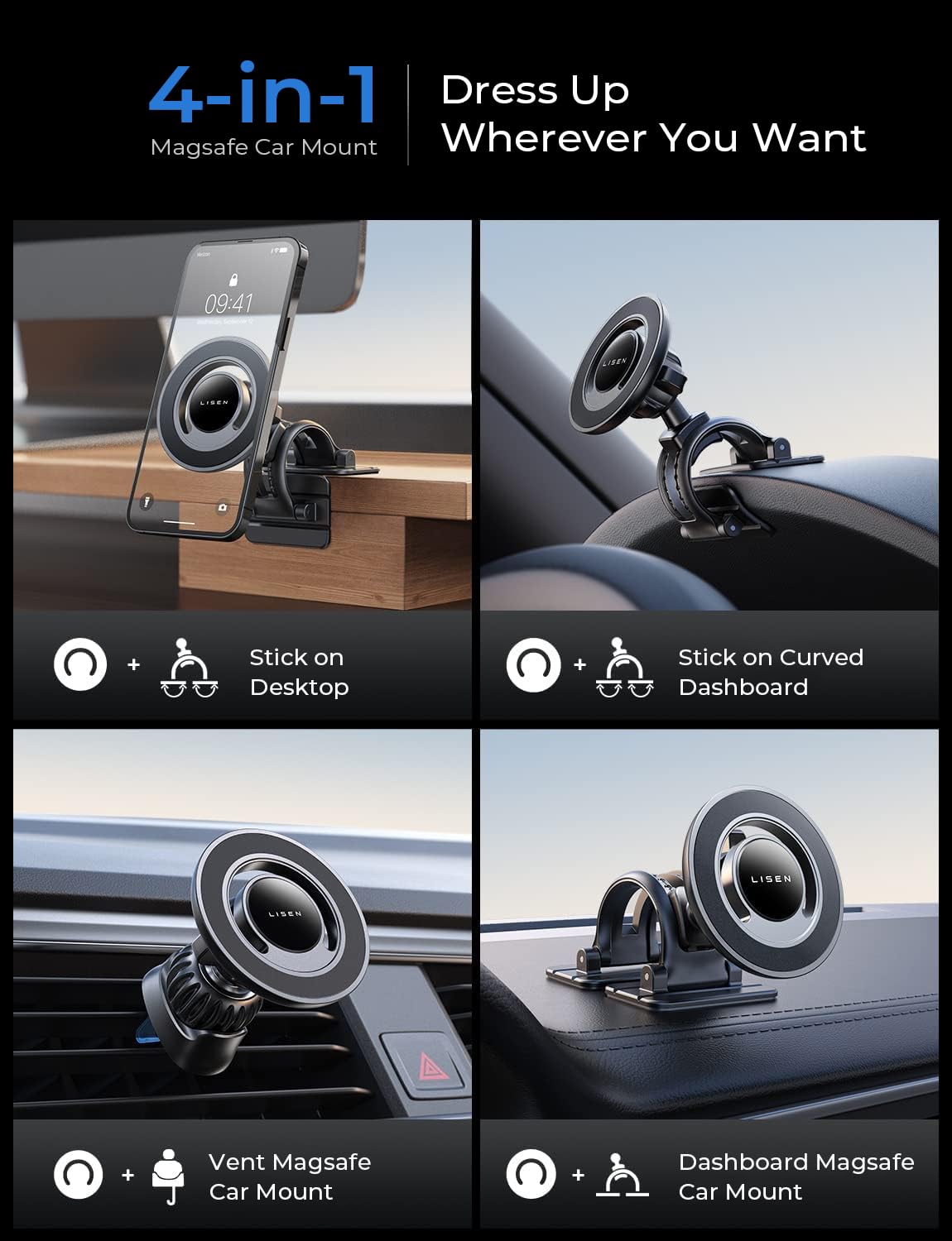 Lisen Magsafe Car Mount - Strong Magnetic Phone Holder For Dashboard Vent, Compatible With Iphone 16-12 Pro Max, Silver