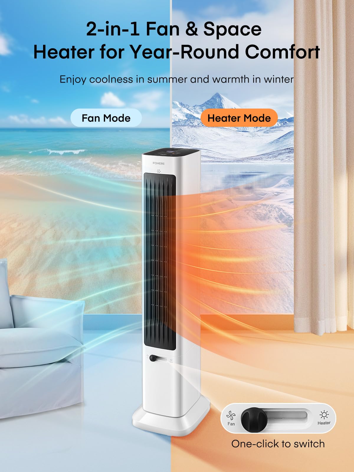 Fohere Oscillating Tower Fan And Space Heater In One For Indoor Use, All Season High Velocity Fan And Heater Combo Safety With O