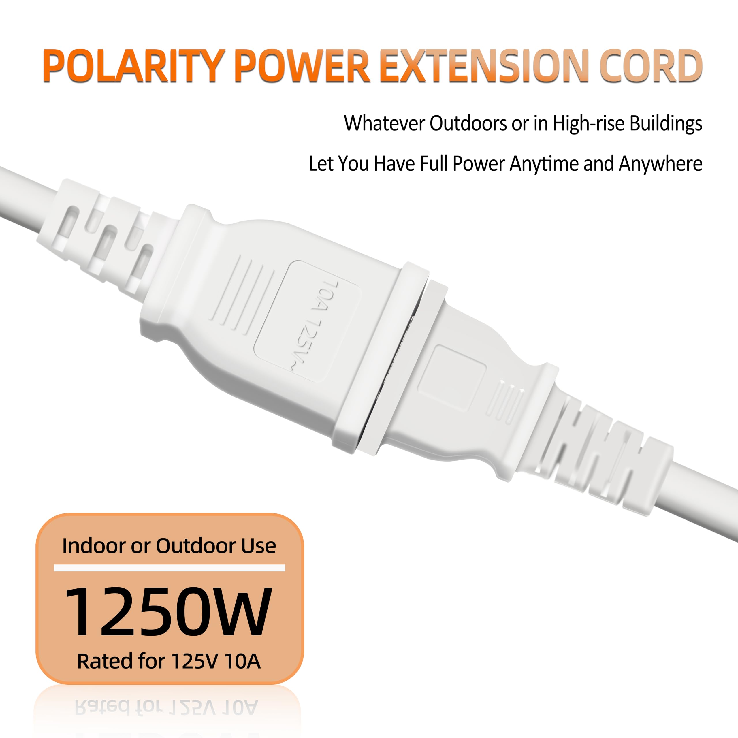 10 Feet Extension Cord White Flat Thin Flexible 2 Prong Long Polarity Power Cord For Indoor Outdoor Use With Single Outlet Ideal
