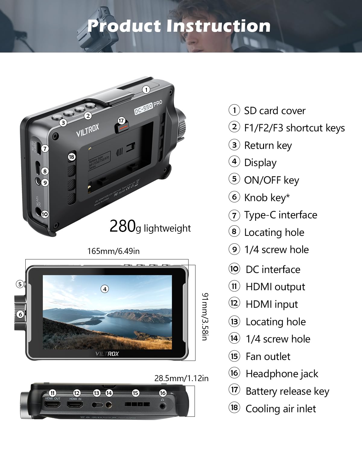 Viltrox Dc 550 Pro Touchscreen Camera Video Monitor, 5.5 Inch 1200Nits 4K Hdmi In/Out Video Field Monitor Kit With Battery   On