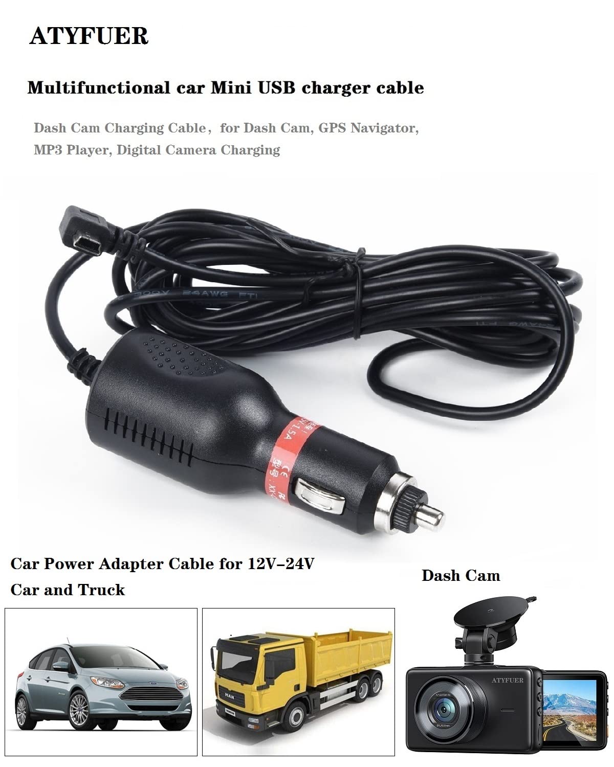 Dash Cam Charger Cable Gps Navigator Power Cord For Dash Cam Gps Mp3 Player Gps Navigator Charging For 12V Car And 24V Truck Car