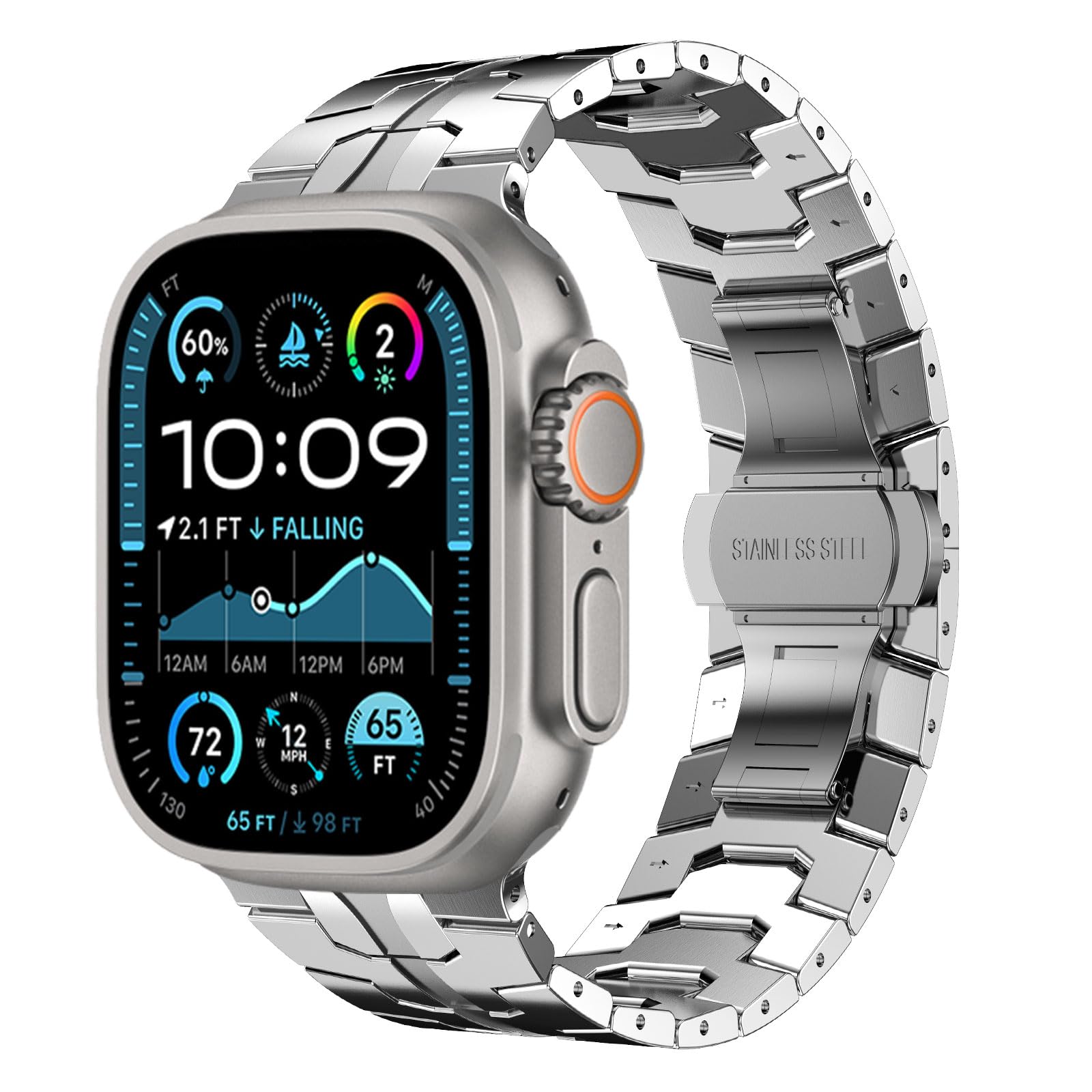 Fullife Compatible With Apple Watch Ultra Band 49Mm 45Mm 44Mm 42Mm, Stainless Steel Metal Link Folding Clasp For Iwatch Series 8