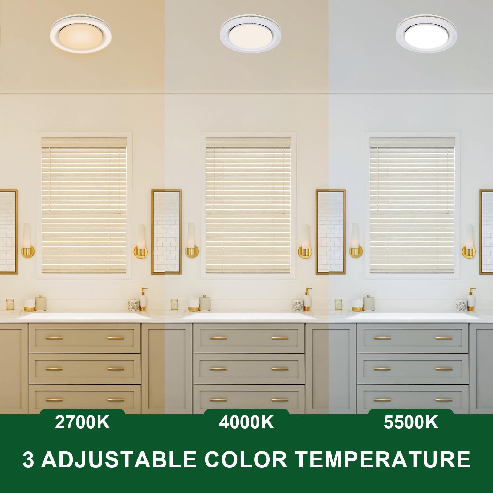 Akicon Bathroom Exhaust Fan With Light, 90 Cfm, 1.5 Sones, 15W Dimmable 3Cct Led Light With 5W Night Light Ventilation Fan For B