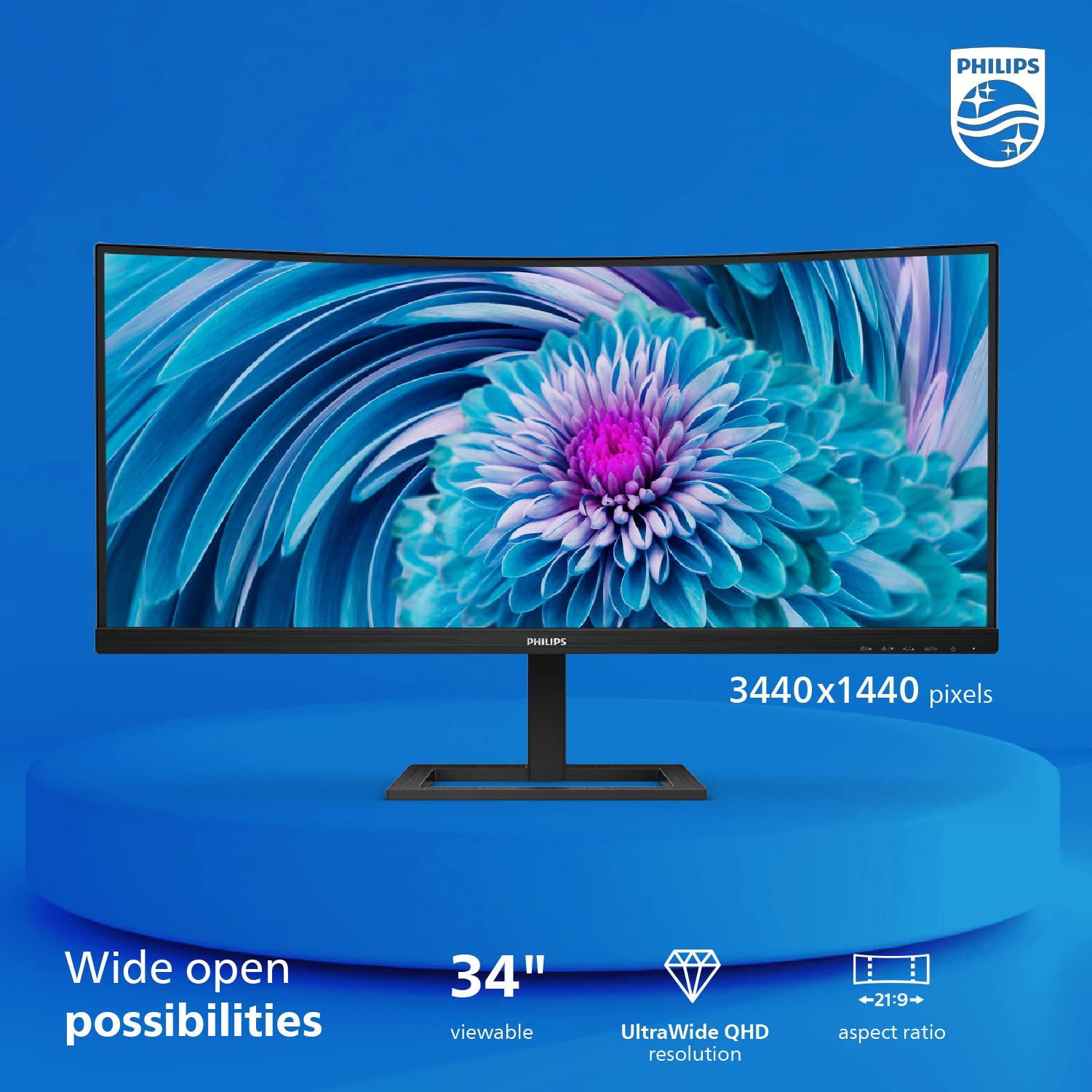 Philips 346E2Cuae 34'' Curved Frameless, Ultrawide Qhd 3440X1440,100Hz, 121% Srgb, 1Ms Mprt, Usb C Charging, Multiview Pip/Pbp,