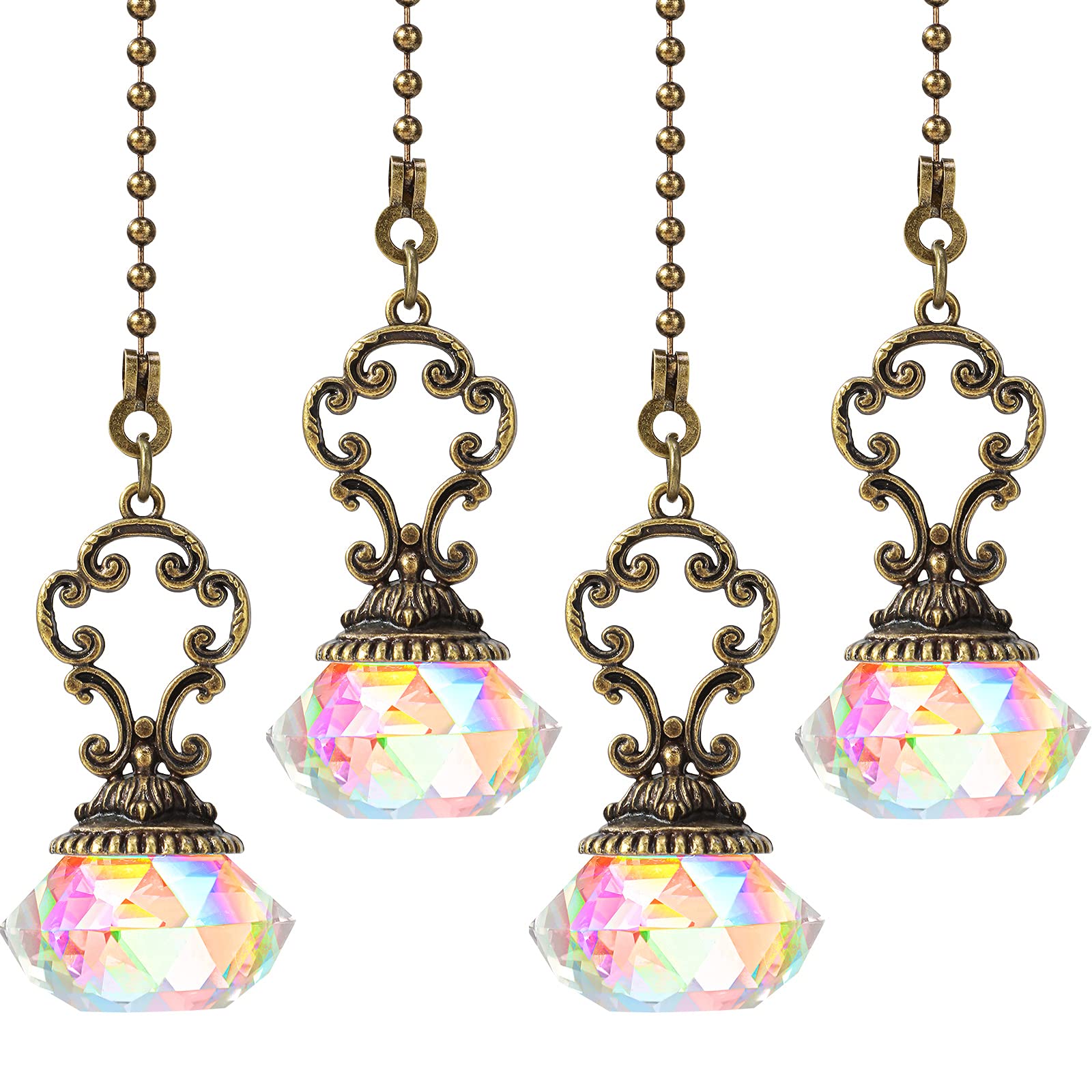 Honoson 4 Pieces Crystal Ceiling Fan Pull Chains Pendant Colorful Diamond Pull Chain Extension with Connector Crystal Prism Ball