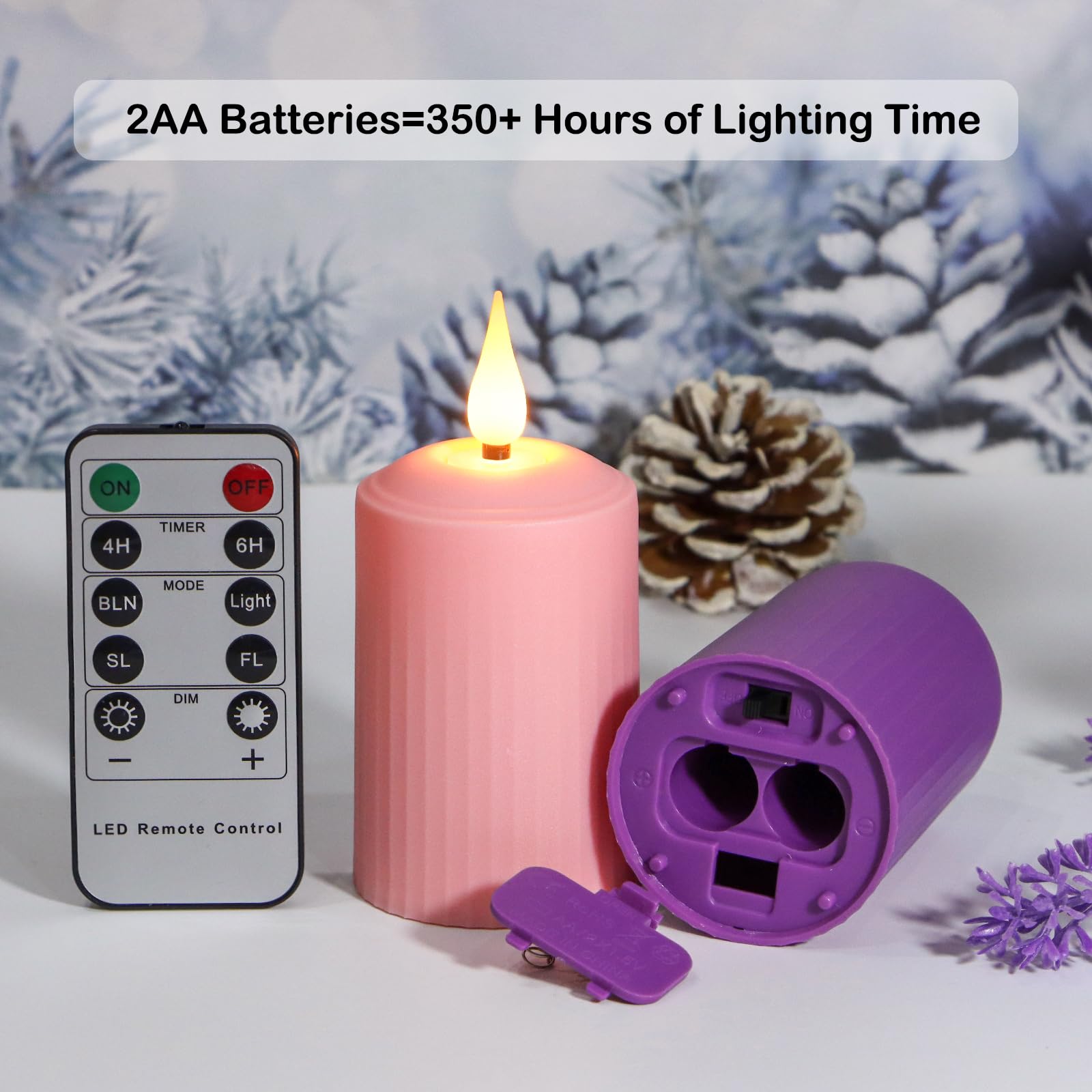 Yunsheng Flameless Advent Candles Purple And Pink, 4 Inch Battery Operated Led Advent Pillar Candles With Remote Timer, 350+ Hou