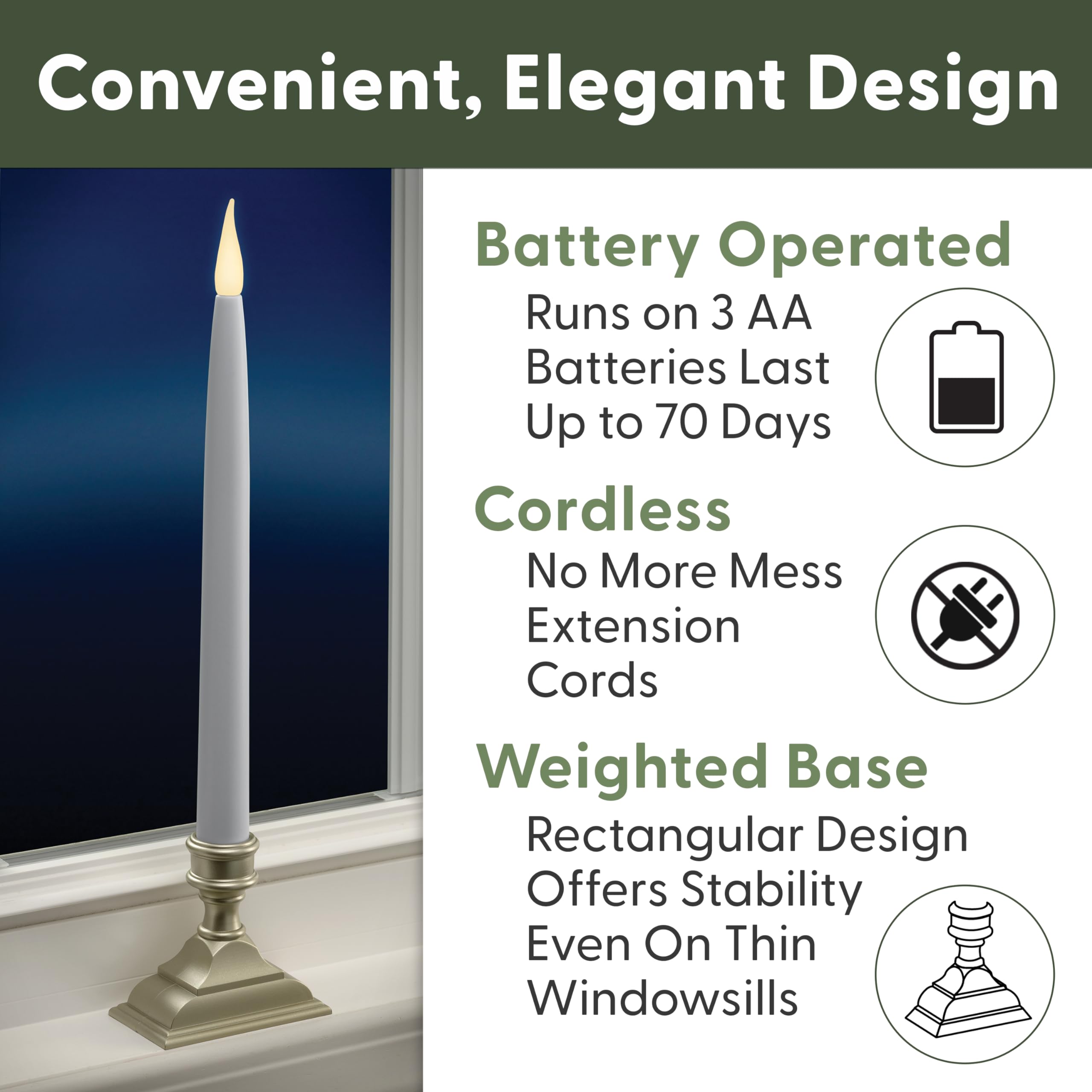 612 Vermont Battery Operated Led Taper Window Candles With Timer (6 On/18 Off), Patented Warm White Dual Led Flicker Flame, Vt 1