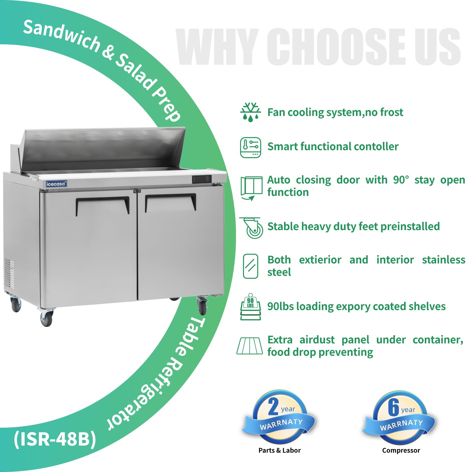 Icecasa 48'' W Commercial Refrigerator Sandwich&Salad Prep Table 2 Door Stainless Steel Counter Fan Cooling Refrigerator With 12