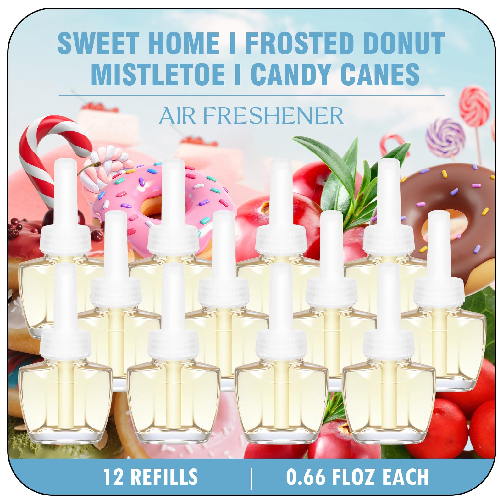 Plug-In Air Freshener Refills 12 Pack - Summer Scents with Sweet Home, Frosted Donut, Mistletoe, Candy Canes - Wall Plug in Refi