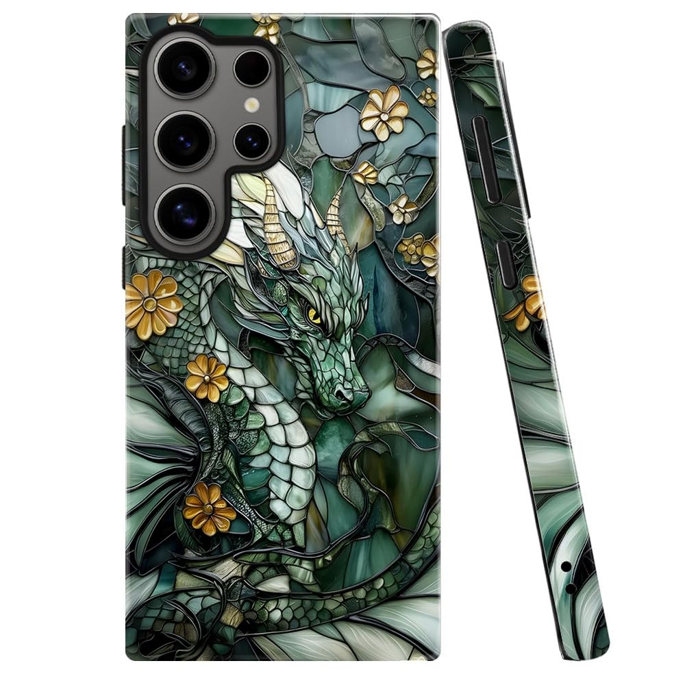Case for Samsung Galaxy S25 Ultra,Dragon Stained Glass Aesthetic Dark Phone Case Military-Grade Drop Protection Cover for Women 