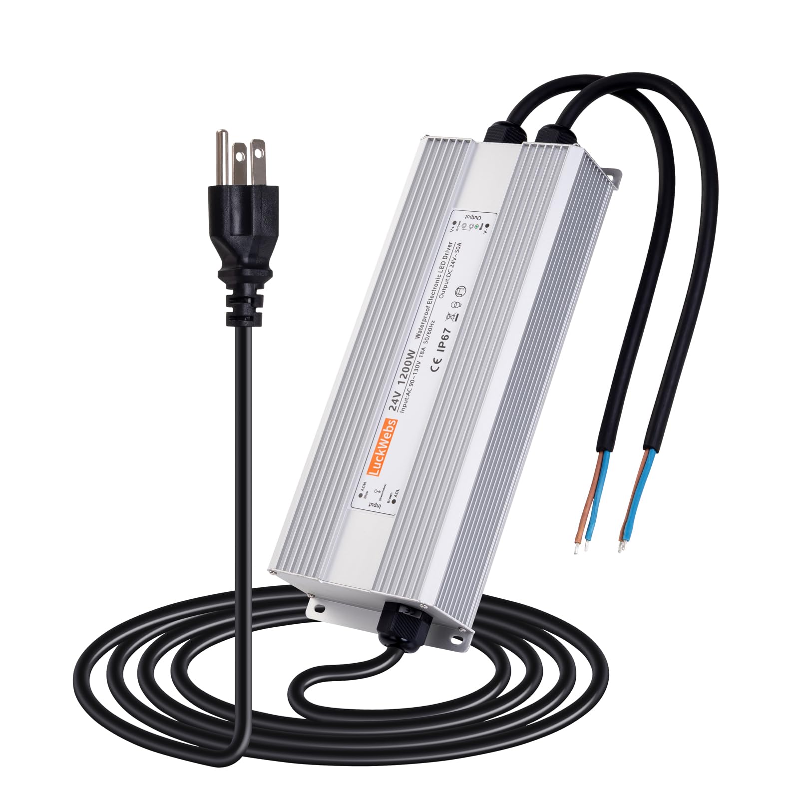 LuckWebs LED Driver 24V 1200W Waterproof Power Supply AC 90-130V to DC 24V50A Low-Voltage Transformer IP67 Rated Converter Suita