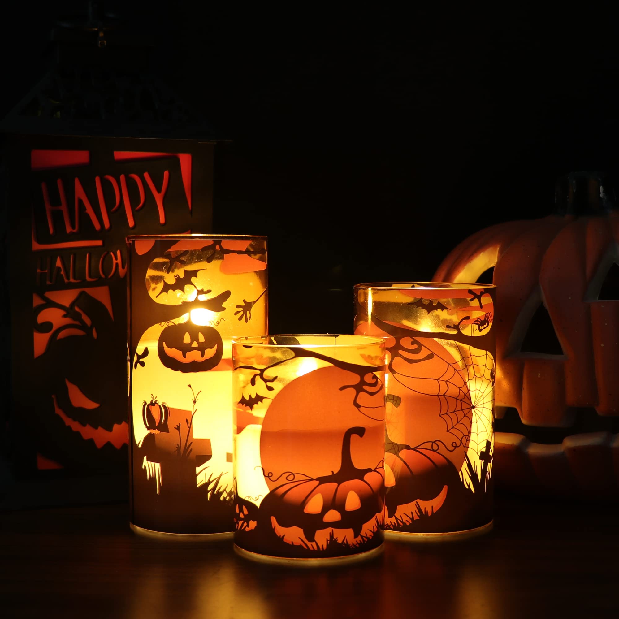 Eldnacele Halloween Flickering Candles With Pumpkin, Spider Web Decals, Orange Glass Battery Operated Flameless Led Candles With