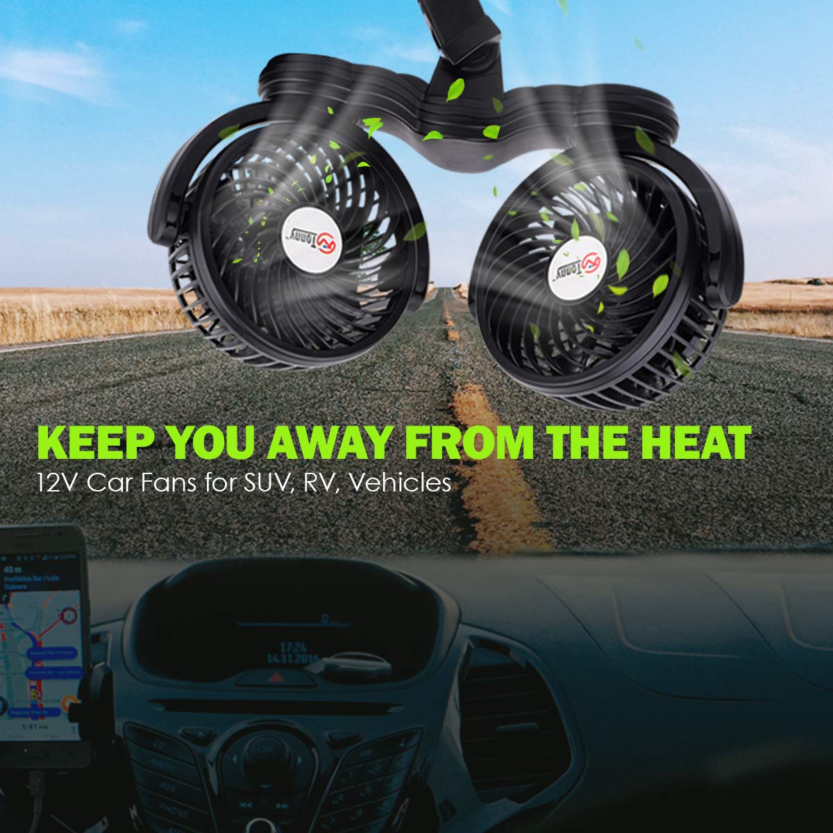 Tn Tonny Flexible Dual Head Car Fan, 4 Inches Electric Car Clip Cooling Fans 180 Rotatable, Car Back Seat 12V Air Cooling Fan Wi
