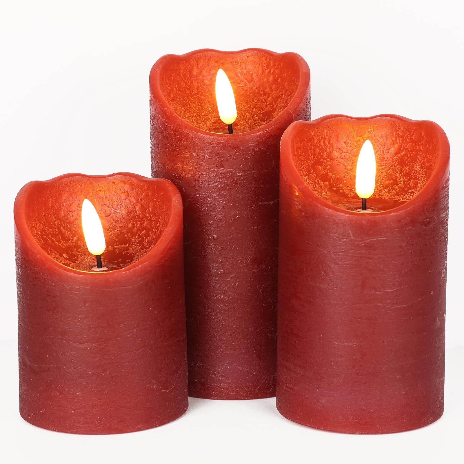 Eldnacele Red Wax Flameless Flickering Candles With 6H Timer, 3D Wick Realistic Battery Operated Pillar Led Candles Set Of 3 For