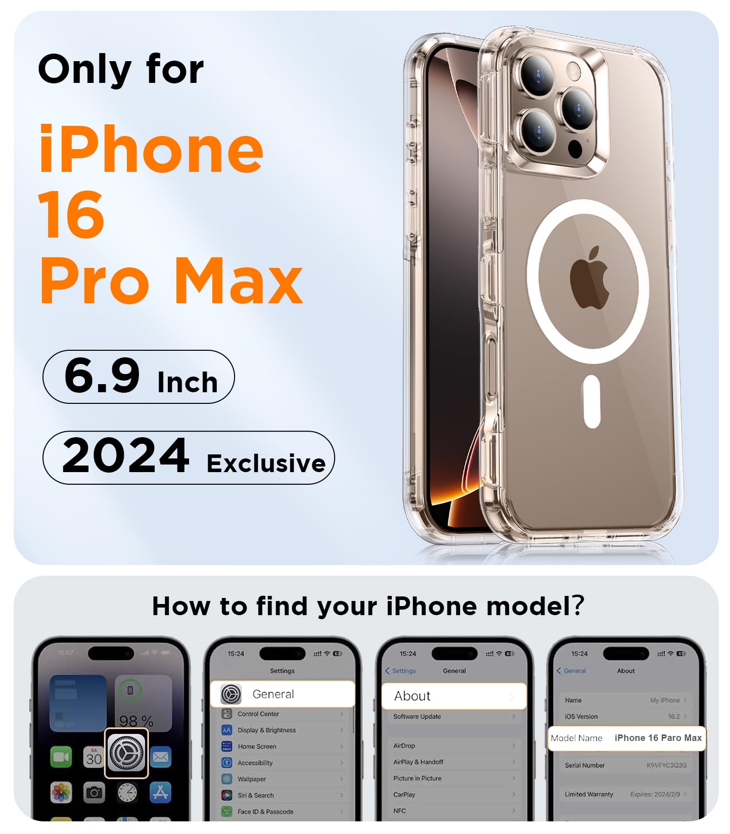 Temdan Dual Layer Box Designed For Iphone 16 Pro Max Case Clear With Magsafe, Heavy Duty Protection Anti Yellowing 16Ft Military