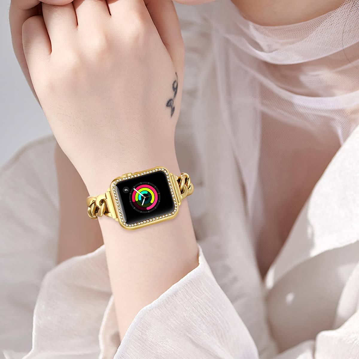 Dilando Cool Chain Metal Link Bands Compatible With Apple Watch 40Mm 38Mm 41Mm 42Mm 44Mm 45Mm Women Men, Gold Stainless Steel Br