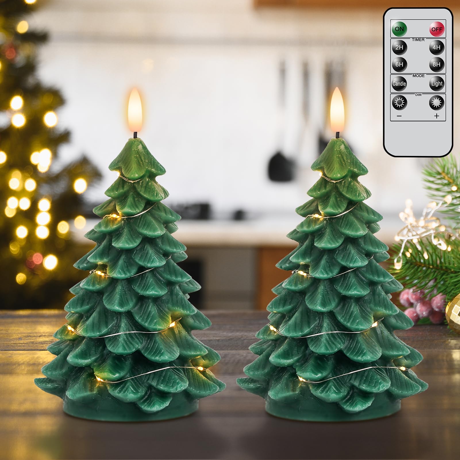 Lasumora Christmas Tree Shaped Led Candles With Remote Timer, 2 Pcs Flameless Pillar Candles With Embedded String Lights, Batter