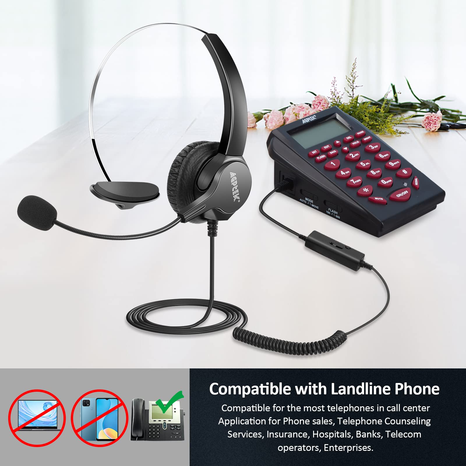 Agptek Hands Free Call Center Noise Cancelling Corded Monaural Headset Headphone For Desk Telephone With 4 Pin Rj9 Crystal Head