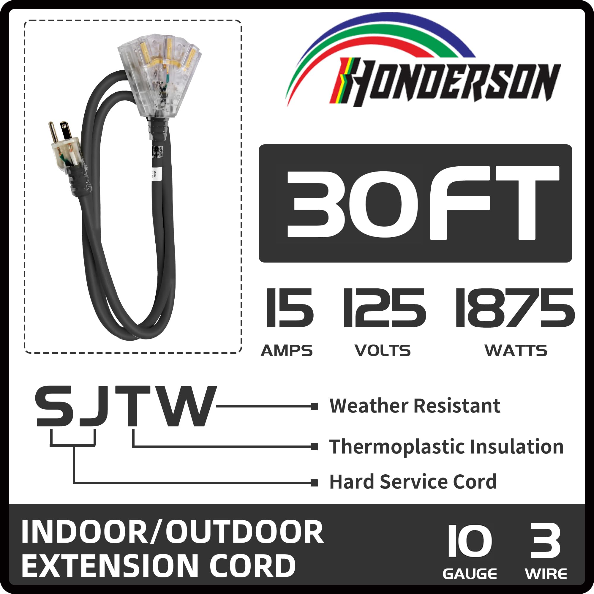 Honderson 3 Outlets Indoor Outdoor Extension Cord Weatherproof With Lighted End, Ul Listed, 10 Gauge 30Ft Black 3 Prong Heavy Du