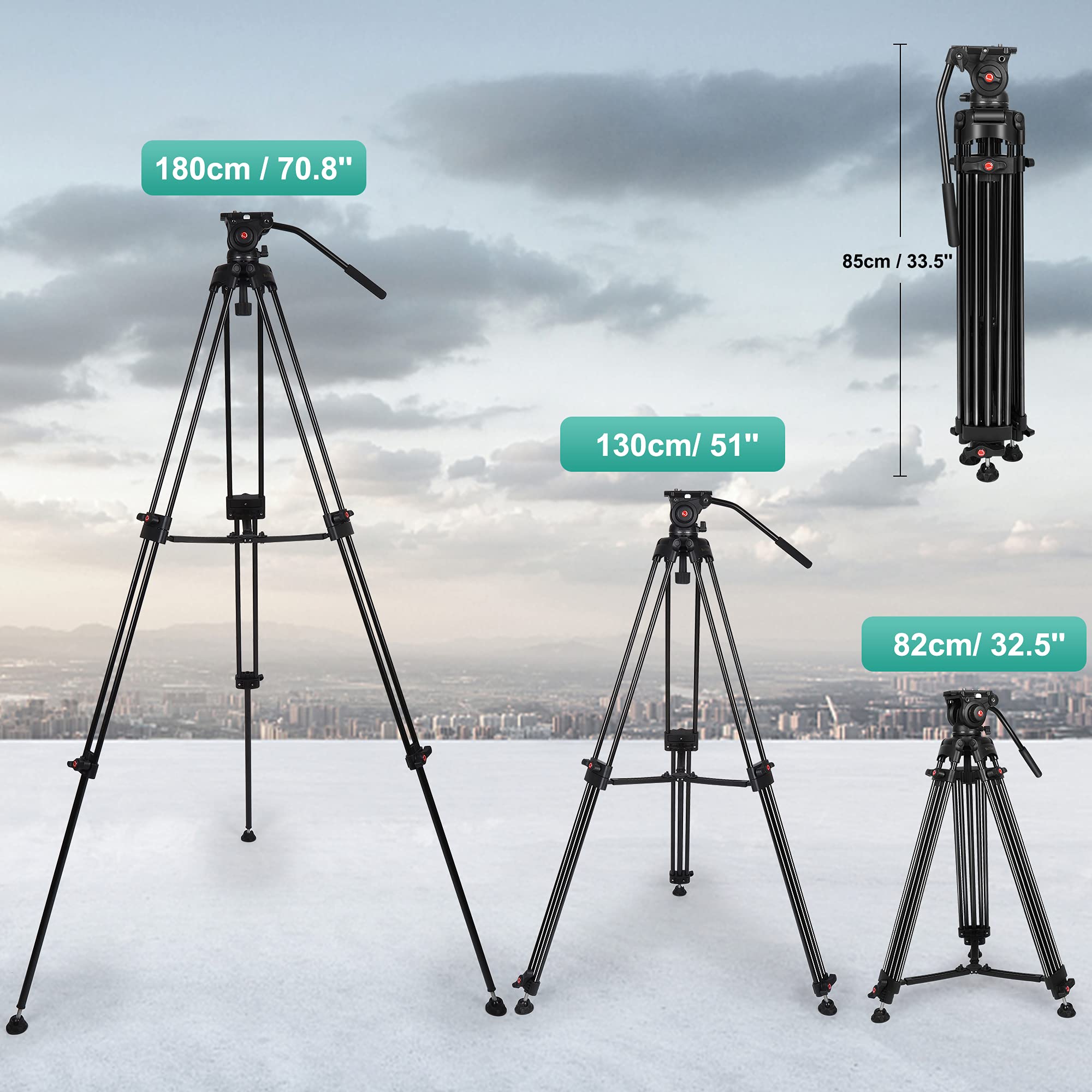 Yotilon Heavy Duty Tripod,70.8 Inch Professional Video Tripod With Fluid Head And Max Loading 17.6 Lb, Universal Qr Plate, For H