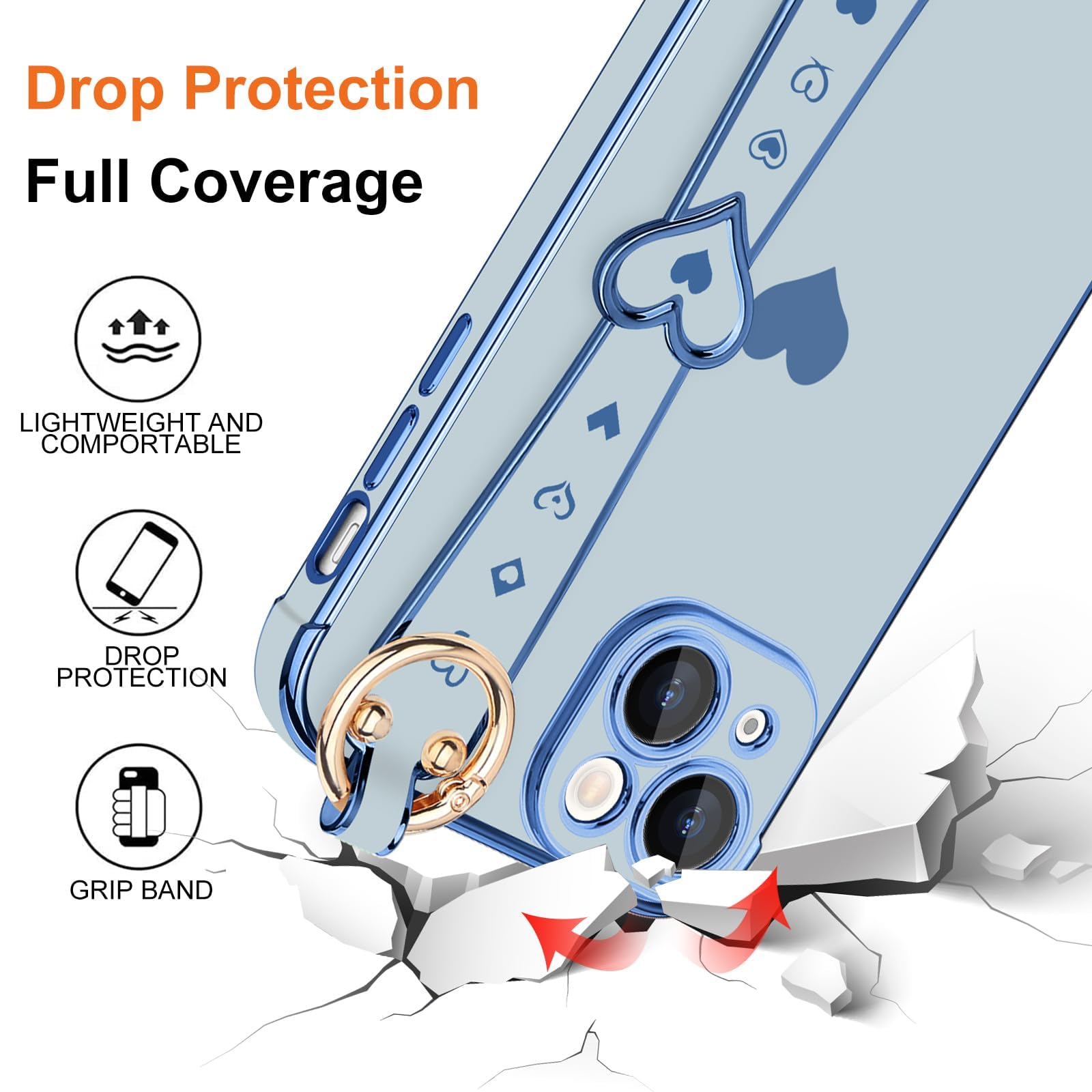 Llz.Coque For Iphone 15 Case With Strap For Women Girls [2   Screen Protectors], Cute Love Hearts Design, Wristband Kickstand Pl