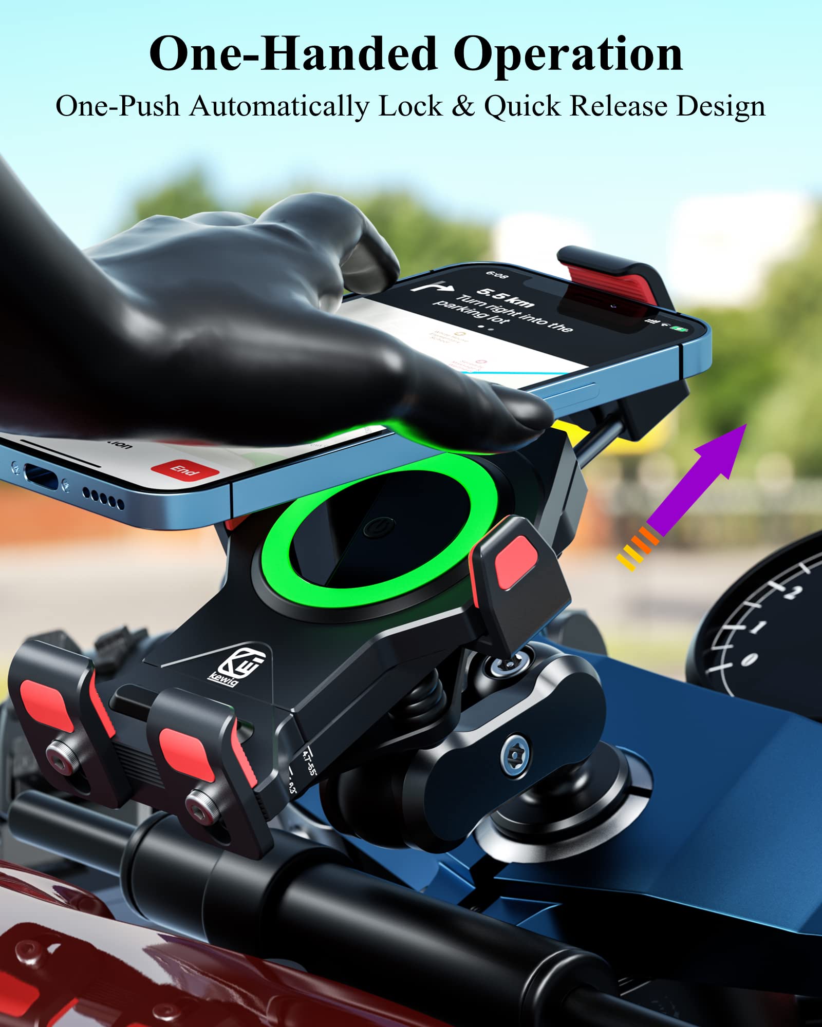 Brcovan Motorcycle Fork Stem Phone Mount With Qi 15W Wireless Charger & Vibration Dampener, Anti-Theft, Anti-Shake, Adjustable,