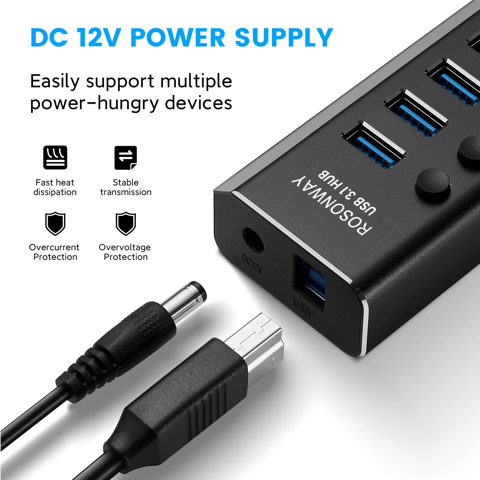 Powered Usb Hub, Rosonway 10 Port Usb 3.1/3.2 Gen 2 Hub 10Gbps With 36W (12V/3A) Power Adapter, Type A And Type C Cables, Alumin