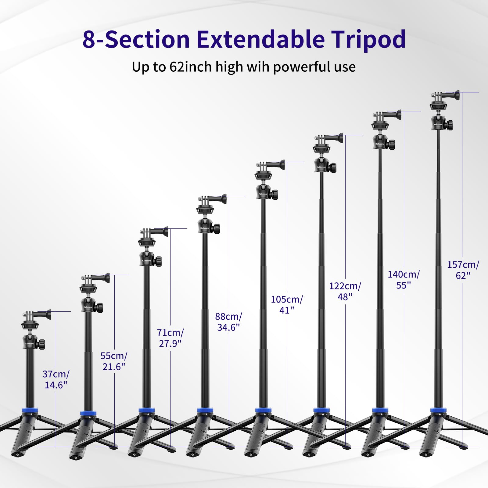 Kaitezenz Selfie Stick Tripod For Gopro Camera, 62'' Extendable Tripod Stand With 360 Ball Head 1/4'' Screw, Portable Lightweigh