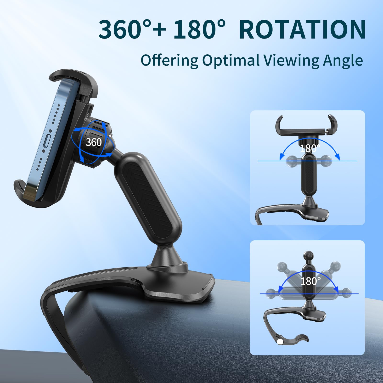 Nadrqqe Multifunctional Car Dashboard Mobile Phone Holder, 360 Degree Rotation Universal Dash Clip Cellphone Mount For 4-7 Inch