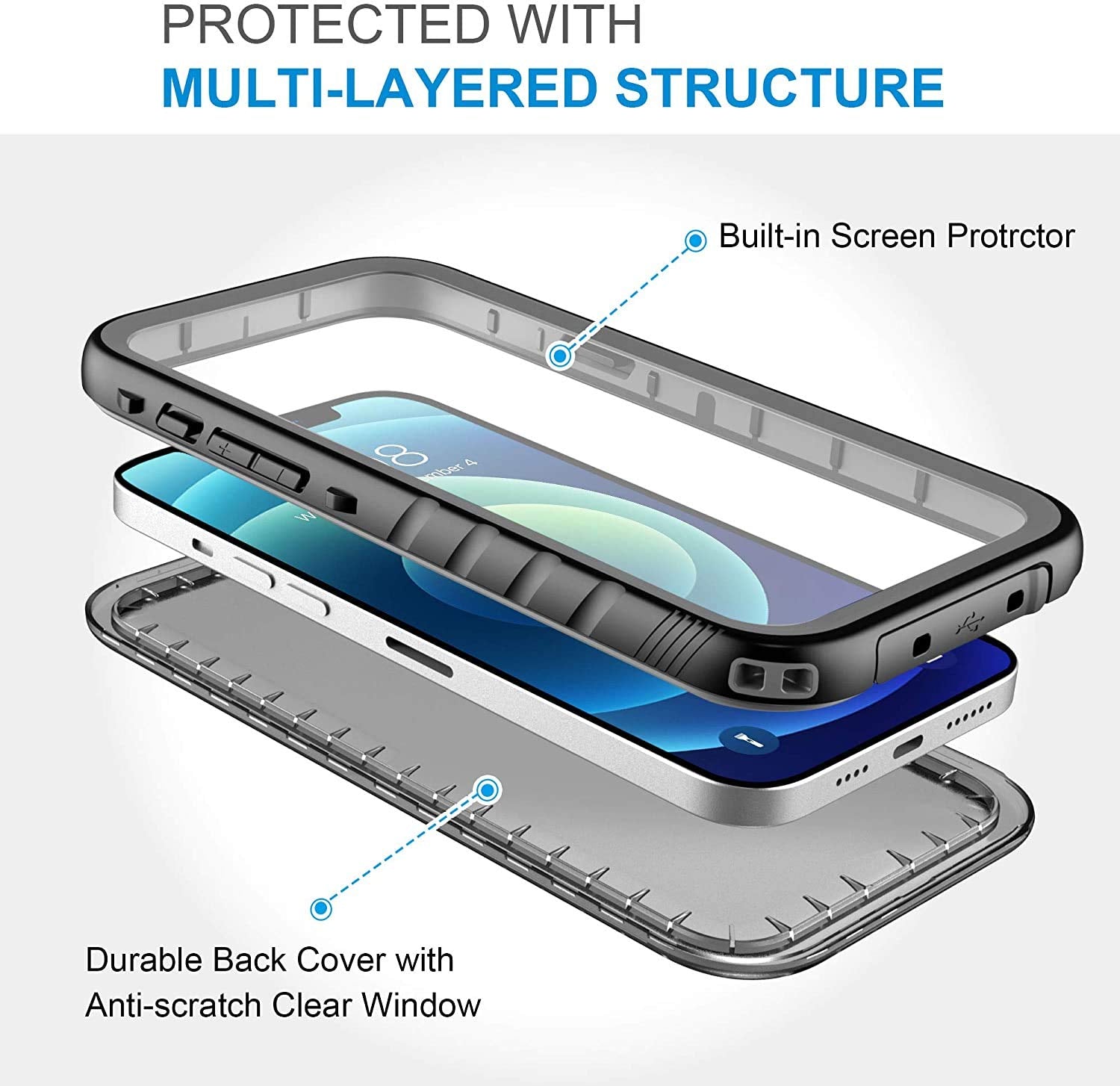Sportlink Iphone 12 Pro Max Waterproof Case - Rugged Full Body & Screen Protector, Shockproof, Dustproof - Black
