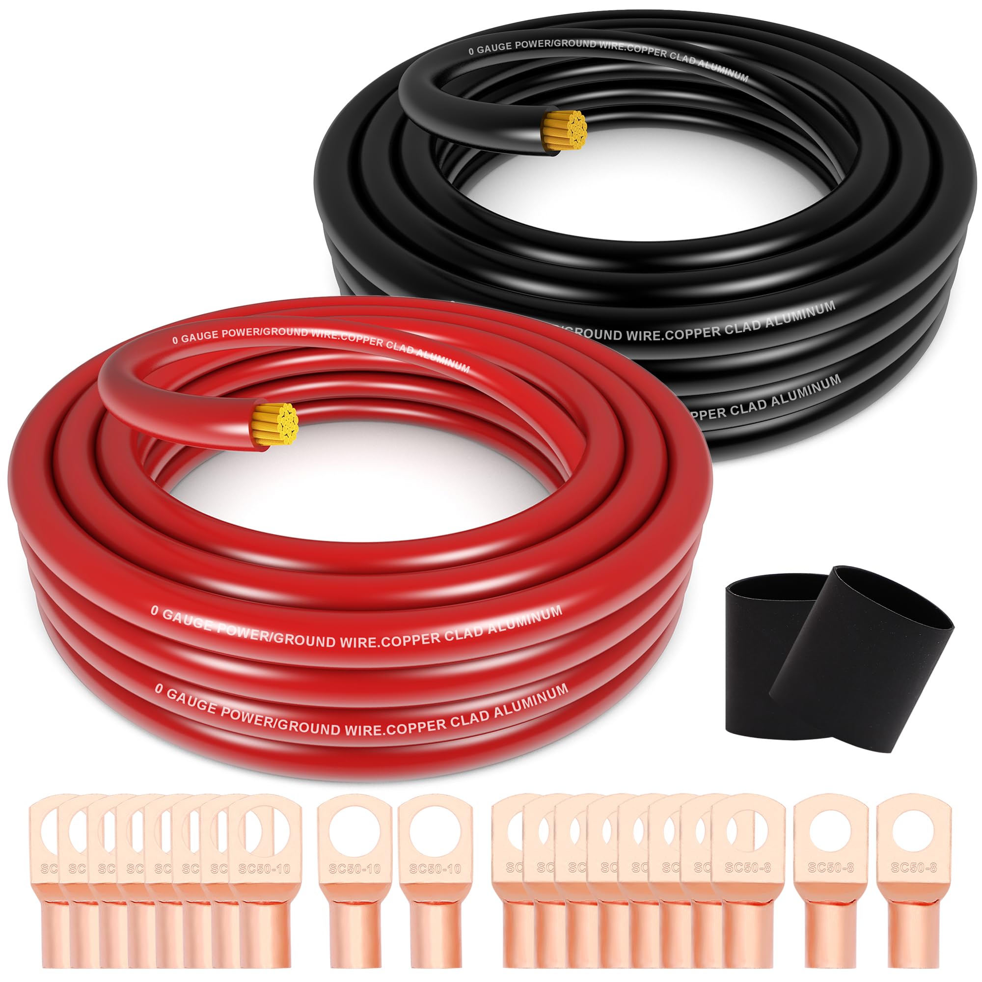 Taukealugs 1/0 Gauge Wire Copper Clad Aluminum Cca 40Ft Black/Red With 0Ga Terminals And Heat Shrink Tube   Primary Automotive B