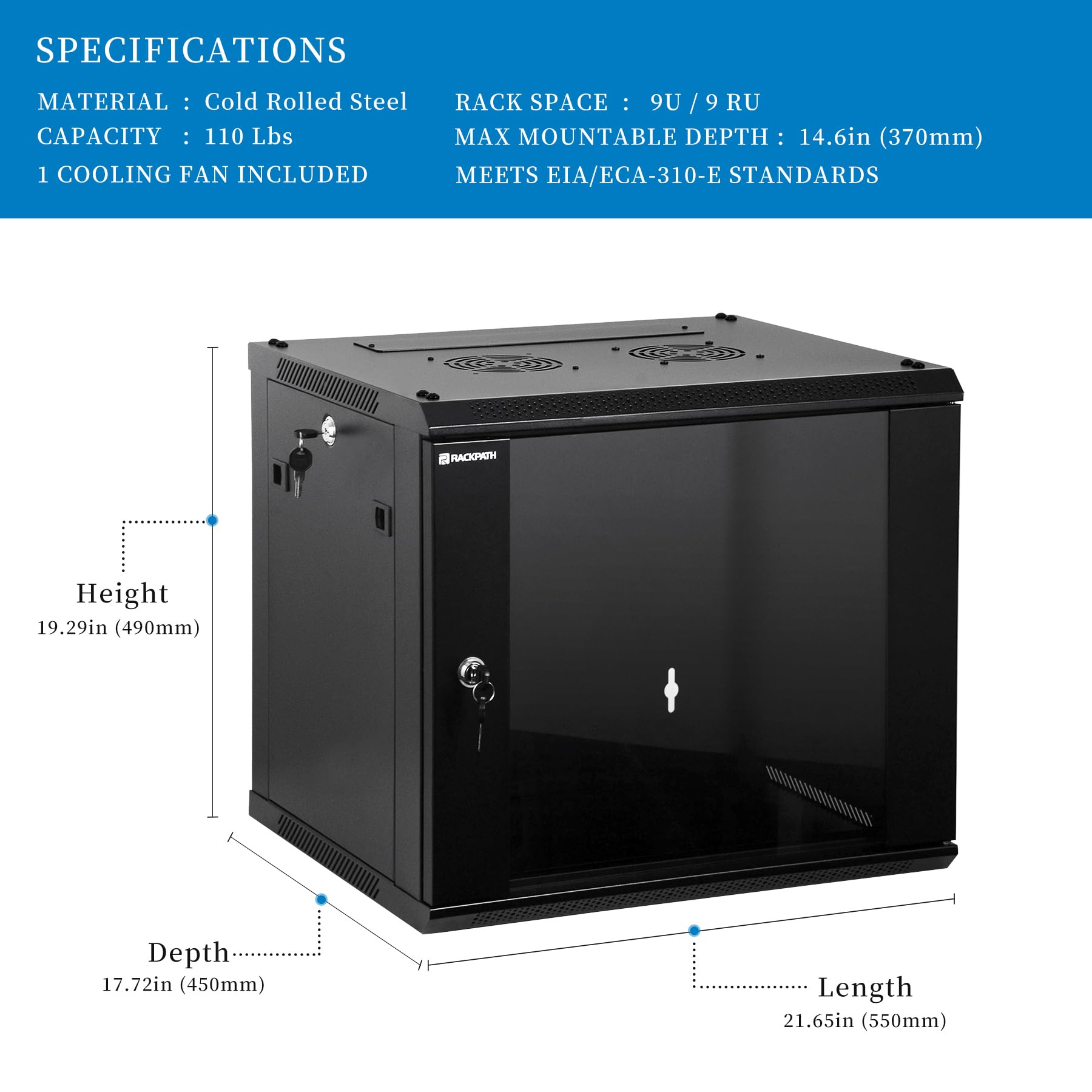 Rackpath 9U Performance Wall Mount Server Cabinet Network Rack Enclosure, Quiet Cooling Fan, Locking Glass Door, Black