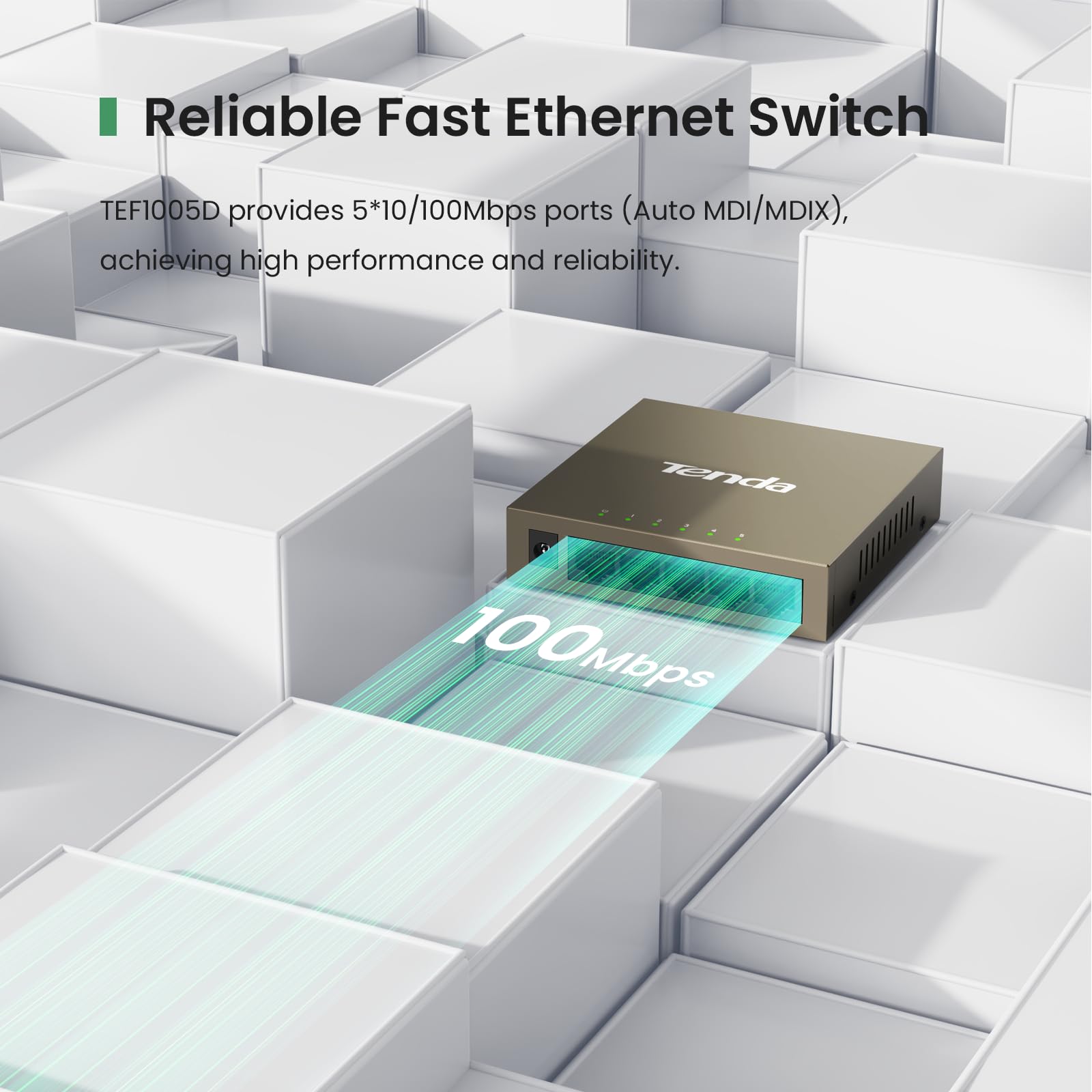 Tenda Tef1005D, 5 Port 10/100Mbps Fast Ethernet Unmanaged Switch, Network Hub, Ethernet Splitter, Plug & Play, Fanless Metal Des