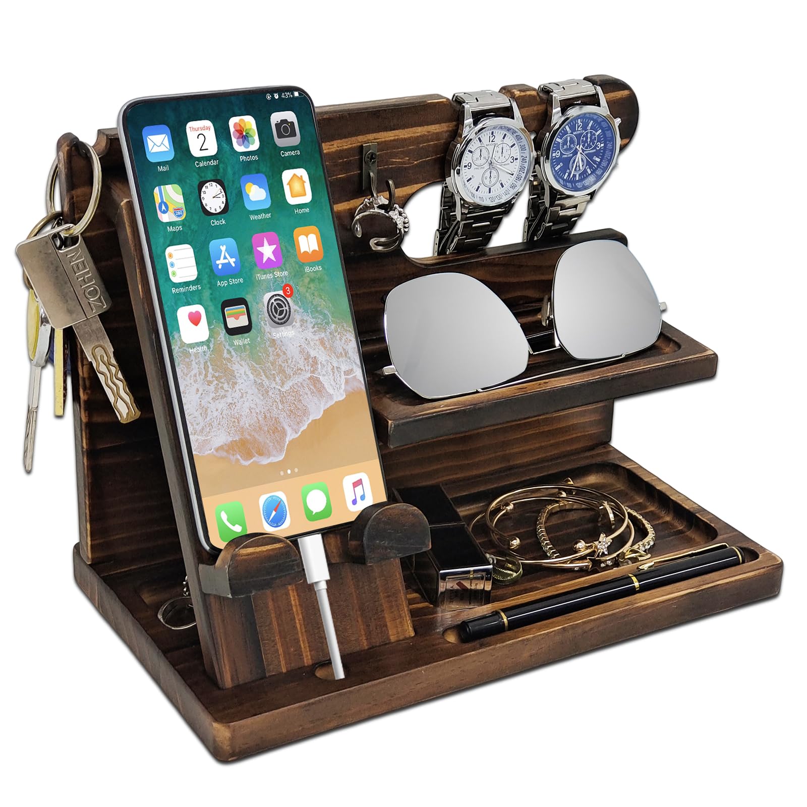 Iswabard Nightstand Organizer with Phone Docking Station and Desk Organizer - Brown Wooden Gift for Men and Dad