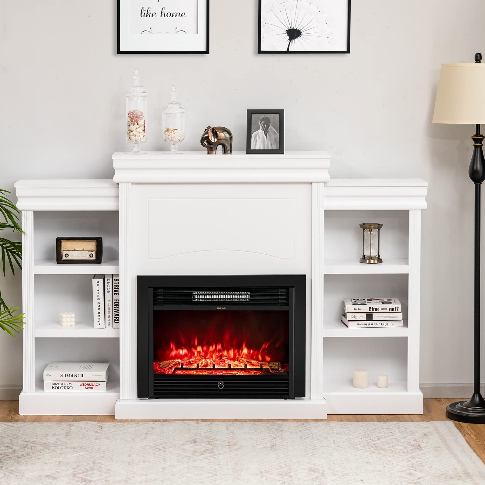 Tangkula 70 Inches Mantel Fireplace, 750W/1500W Electric Fireplace W/Mantel & Built In Bookshelves, 28.5 Inch Electric Fireplace