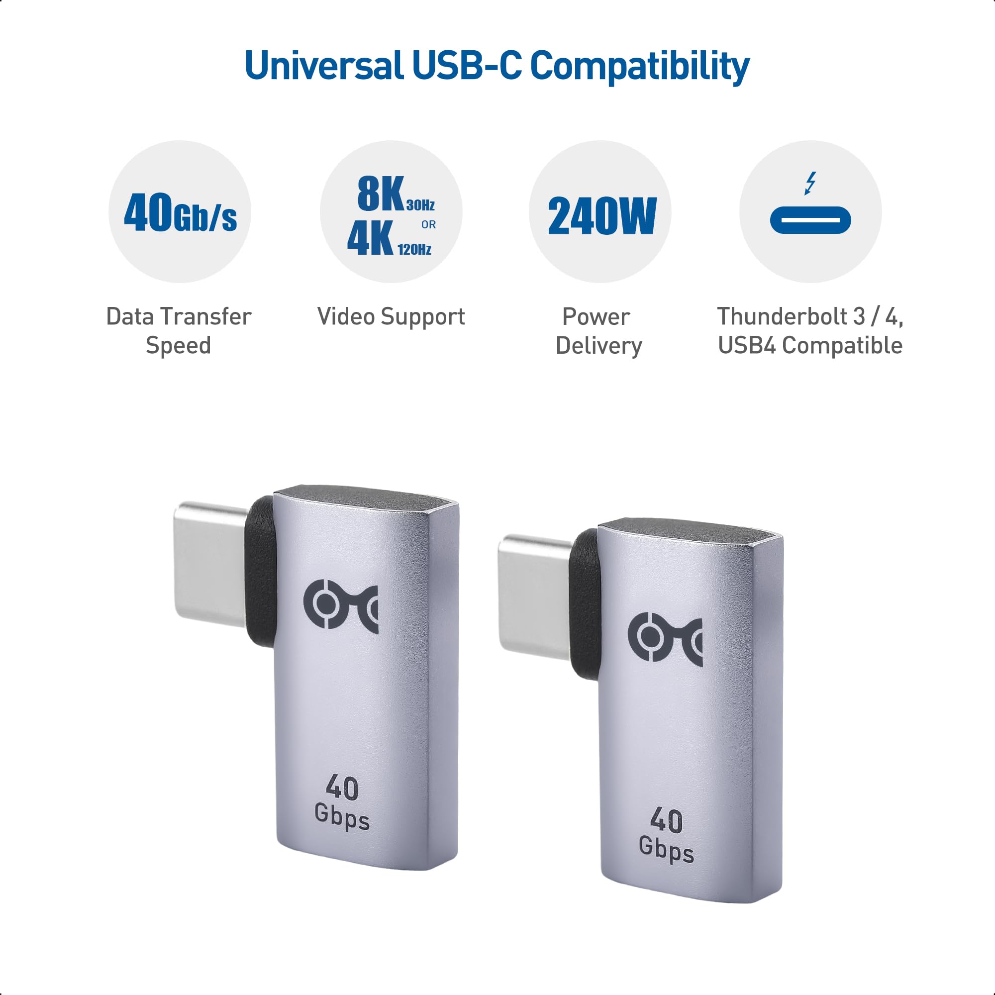 Cable Matters 2 Pack 40Gbps Flat Right Angle USB C Adapter, Up to [4K@240Hz Video, 240W Charging, 40Gbps Data Transfer] 90 Degree USB C Adapter, Compatible with Thunderbolt 4, iPhone 16, Steam Deck