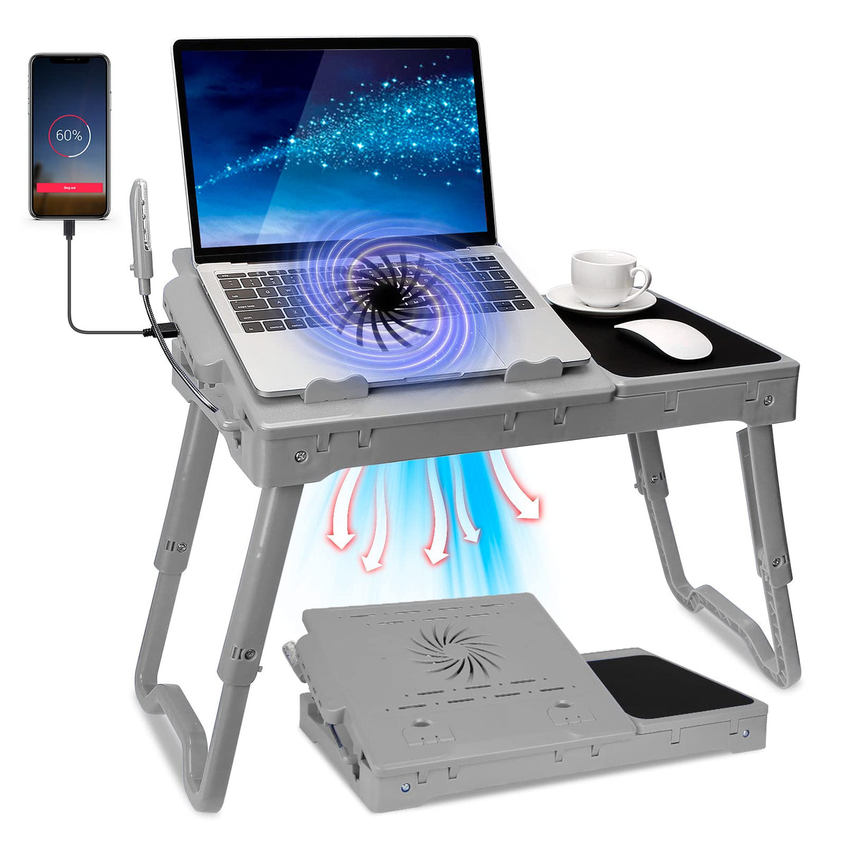 Laptop Stand With Cooling Fan And Mouse Pad,Adjustable Lap Desk For Laptop With Light,Foldable Laptop Table, Lap Stand Bed Tray Desk W/ 4 Usb Port For Bed Couch Sofa Floor (Grey)
