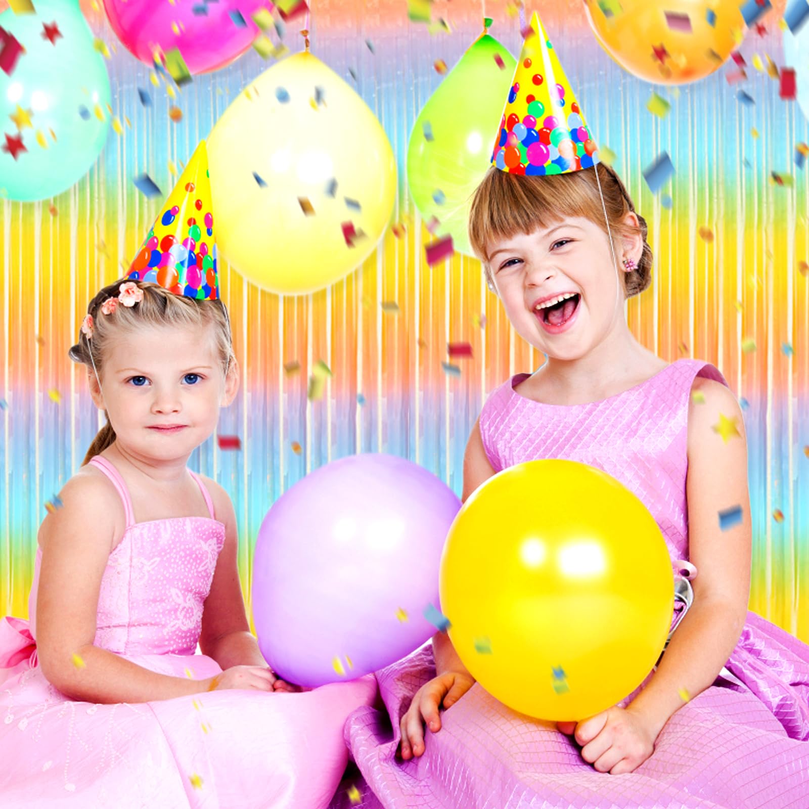 3 Pack Light Raainbow Foil Fringe Curtain Backdrop, 3.28Ft X 8.2Ft Metallic Tinsel Foil Fringe Streamer Curtains For Photo Booth