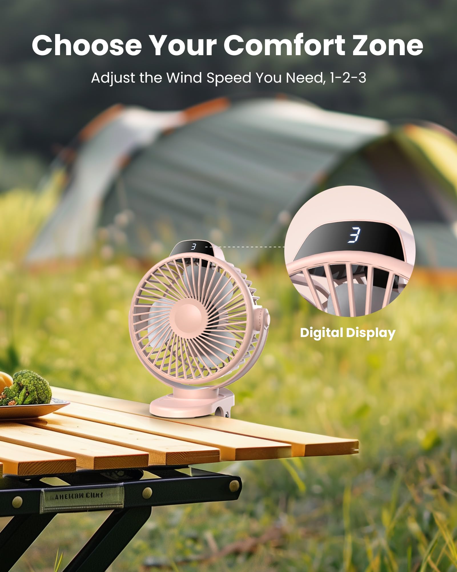 Koonie Portable Clip On Fan, Small Usb Battery Operated, 3 Speed Rechargeable Mini Pink With Led Display, 360 Rotate Personal Co