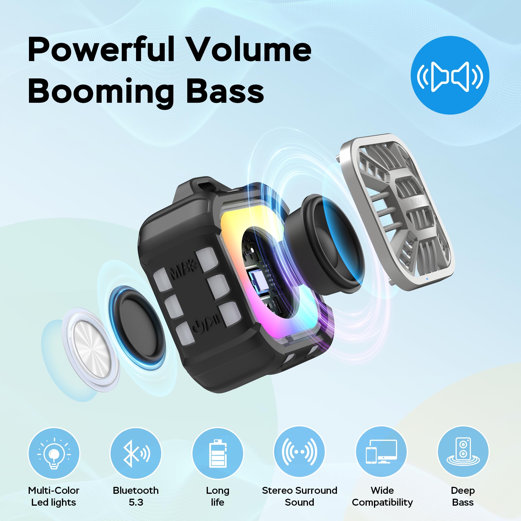 Insmy Shower Bluetooth Speaker, Ip67 Waterproof Portable Small Wireless Link Over 100+ Speakers, Big Volume Booming Bass, 24H Playtime/Floatable/Rgb Lights For Outdoor/Kayak/Beach/Golf (Black)