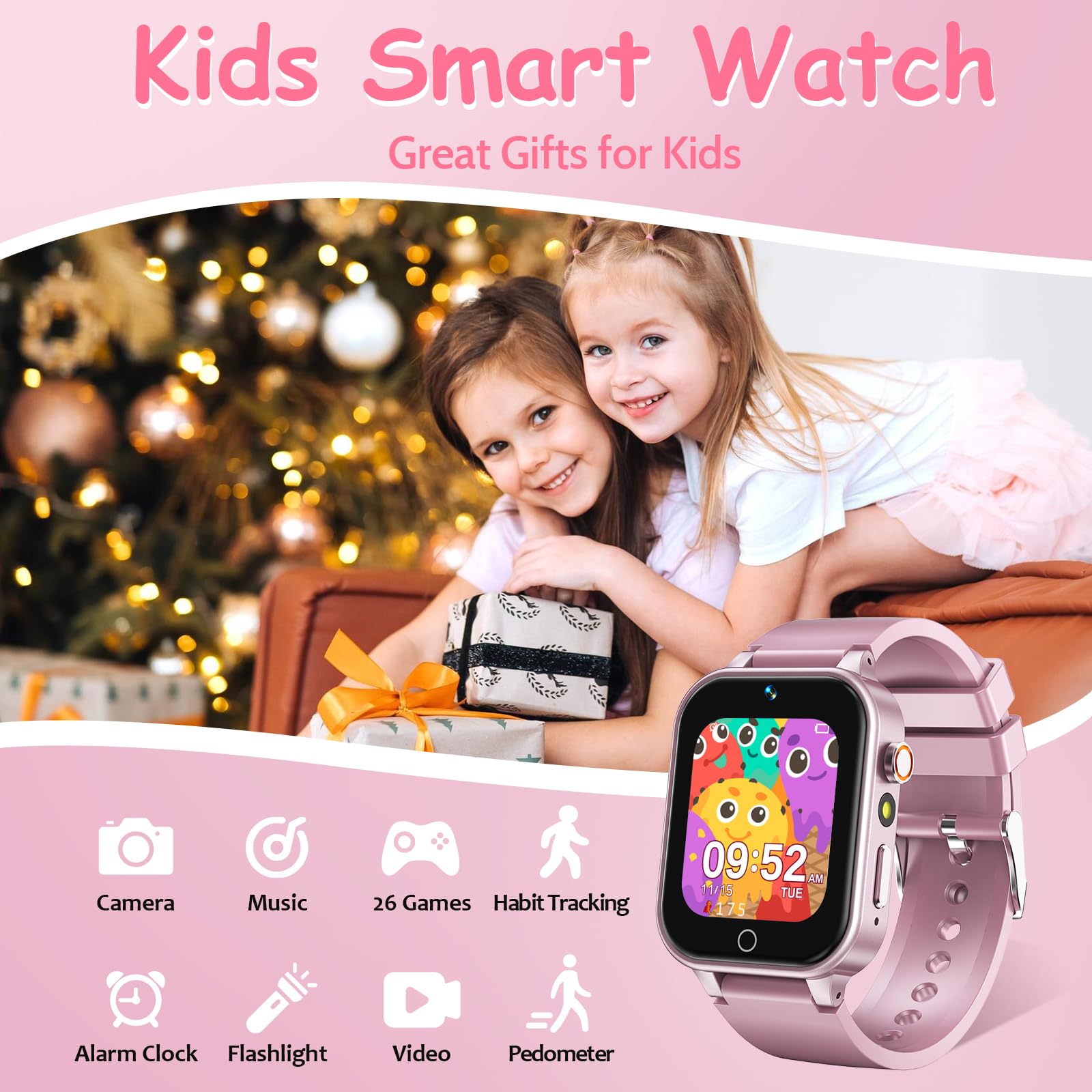 Derui 1.5 Inches Kids Smart Watch For Boys Girls, 26 Puzzle Games, Smartwatch With Camera, Pedometer, Video Voice Music Player L