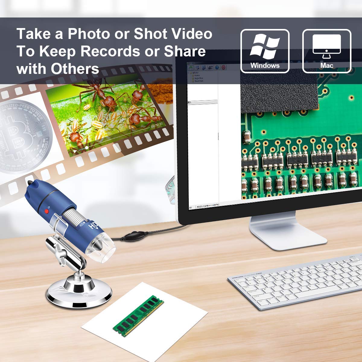 Hd 2Mp Usb Microscope Camera For Android Windows Linux Mac, 40X To 1000X Digital Microscope With Stand & Carrying Case, Portable