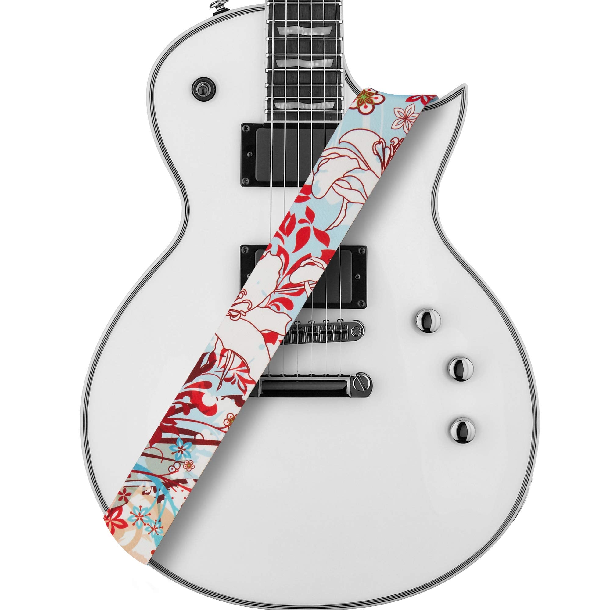 Amumu Guitar Strap White Lily Flower Light Blue Polyester Cotton for Acoustic, Electric and Bass Guitars with Strap Blocks & Hea